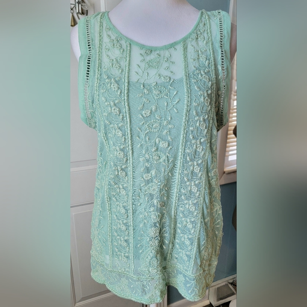 Sundance Floral Embroidered Mesh Sleeveless Blouse w/ Cami Women's S Mint Boho